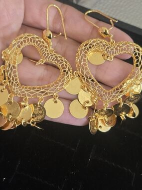 22kgp Dubai Jewelry Gold Heart Filigree Dangle Earrings